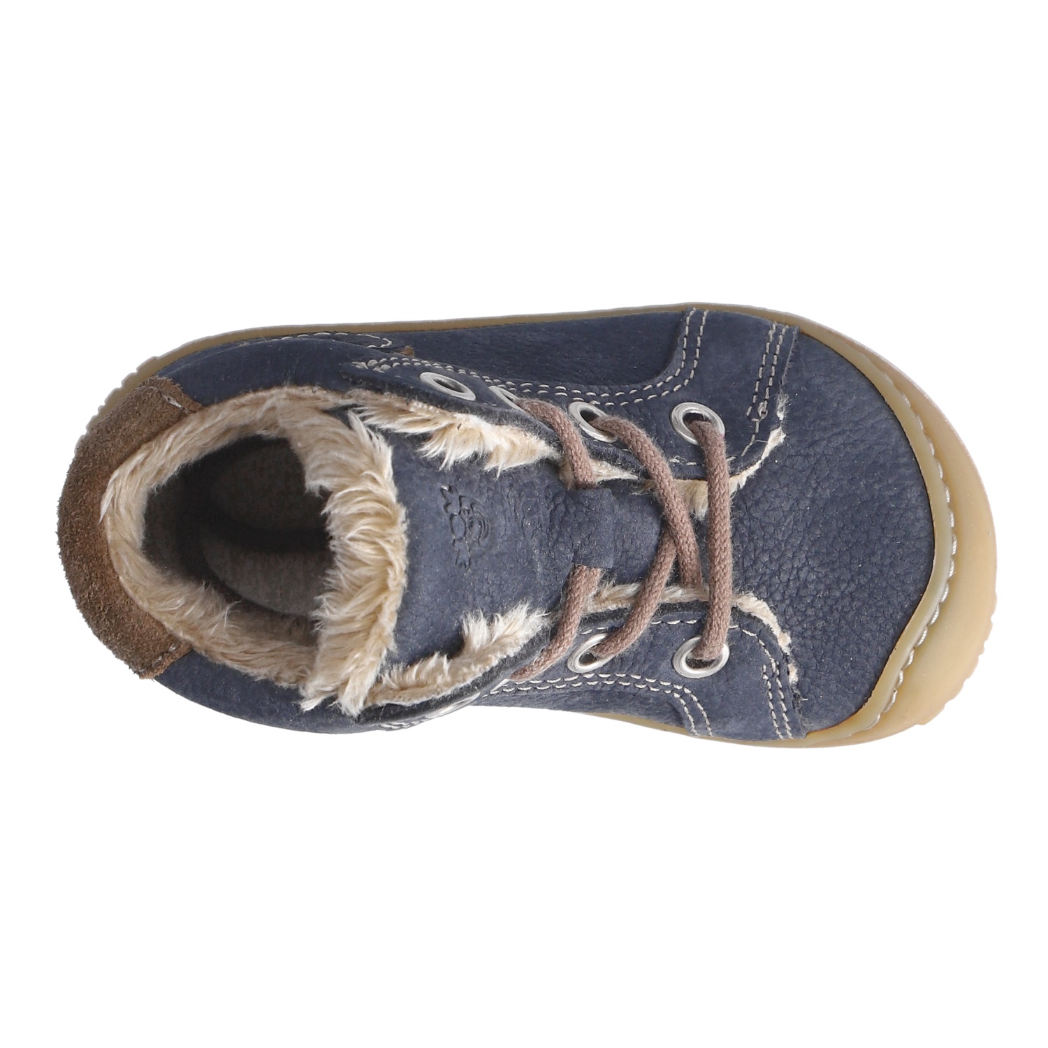 Kinderschuh Georgie, dunkelblaues lederähnliches Obermaterial mit hellbraunem Kunstfellfutter, braunen Schnürsenkeln, silbernen Ösen, weißen Ziernähten und hellbrauner Gummisohle, Draufsicht