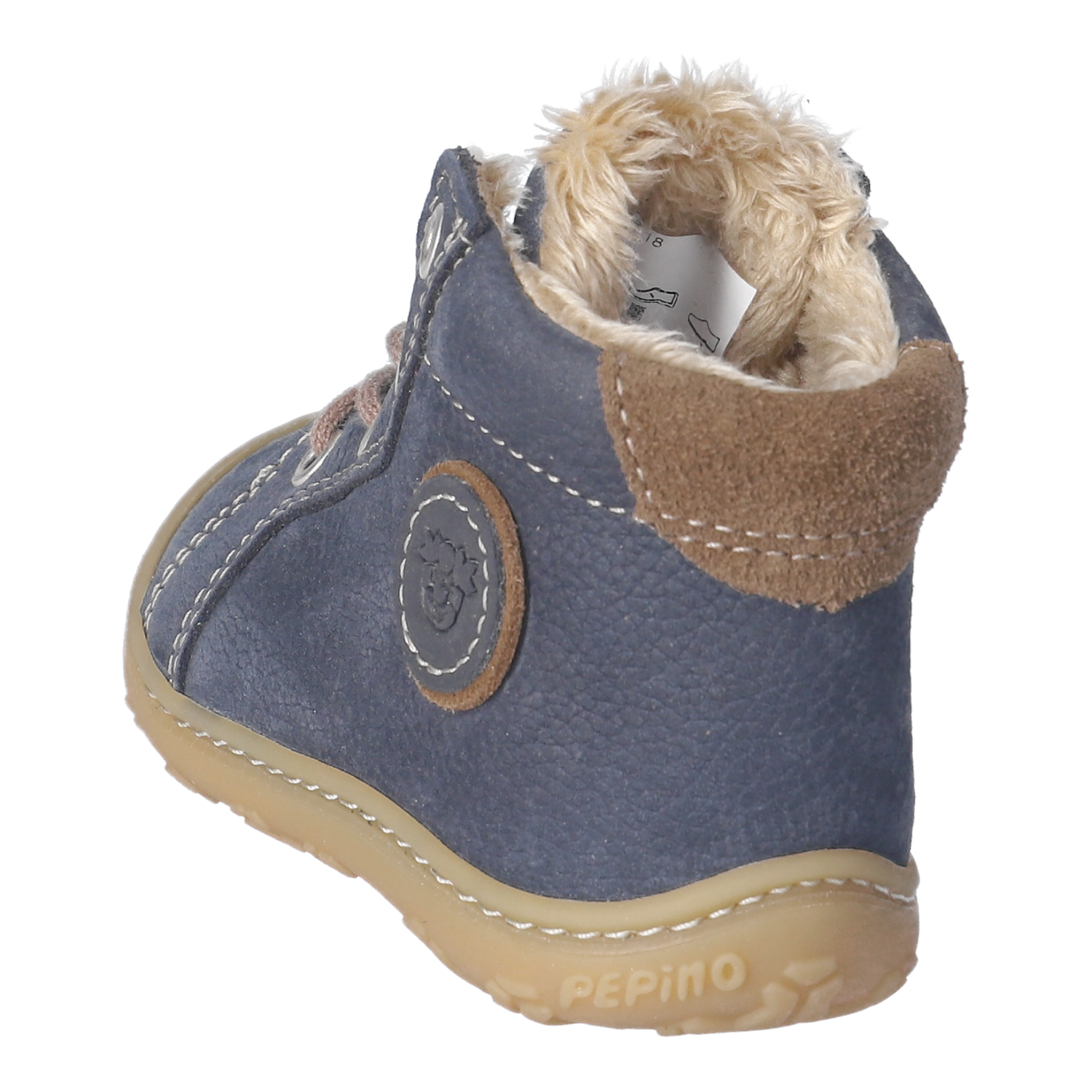 Kinderschuh Georgie – Nahaufnahme von Rück- und Außenseite eines marineblauen Lederstiefels mit hellbraunem Veloursbesatz, beige Teddyfellfutter, braunen Schnürsenkeln, rundem Logo-Patch und hellbrauner Laufsohle mit Prägung PEPINO