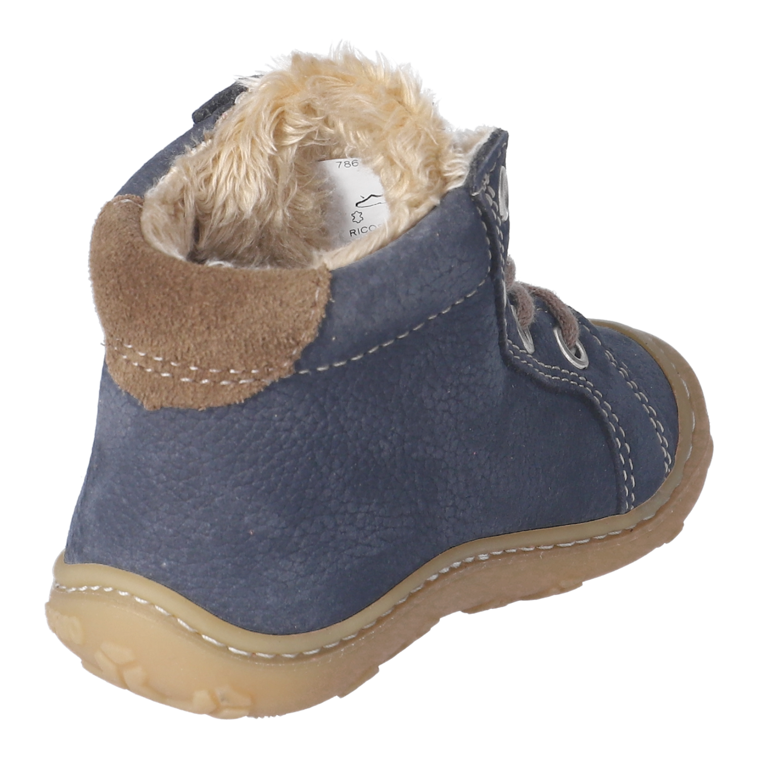 knöchelhoher Kinderschnürstiefel Georgie, seitliche Rückansicht; dunkelblaues strukturiertes Leder, braunes Wildleder-Fersenpatch, hellbraune Teddyfell-Innenfütterung, braune Schnürsenkel, beige Gummisohle mit sichtbarer Naht