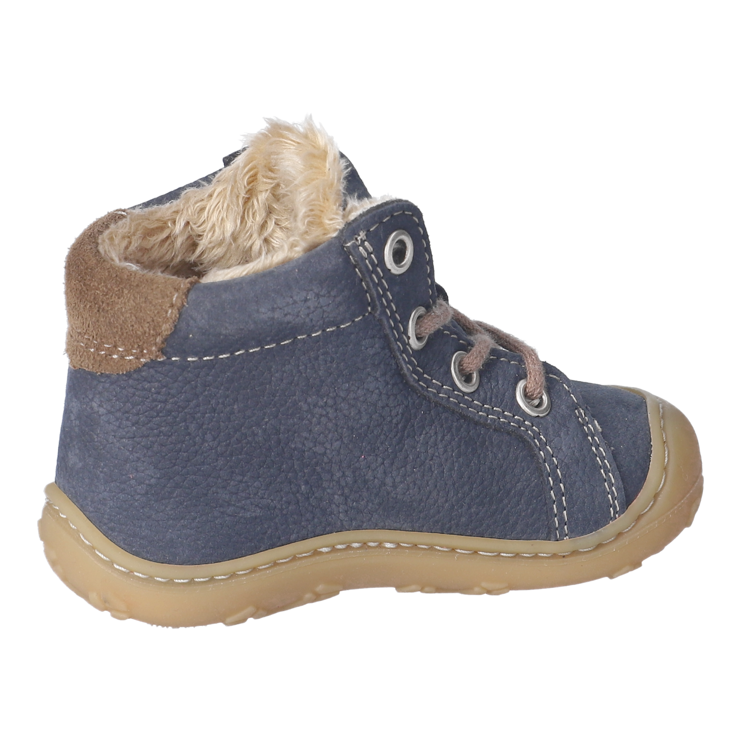 Kinder-Winterstiefel Georgie, marineblaues genarbtes Leder mit braunem Veloursbesatz, hellbeige Teddyfutter, braune Schnürsenkel und Metallösen, hellbraune profilierte Gummisohle, seitliche Ansicht
